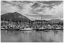 Yachts in harbor. Seward, Alaska, USA (black and white)