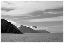 Mountains with low clouds outside Resurrection Bay. Seward, Alaska, USA (black and white)