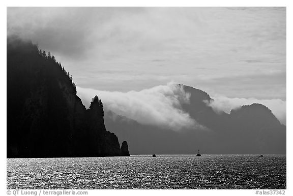 Glistening water, fog, and boats, Resurrection Bay. Seward, Alaska, USA (black and white)