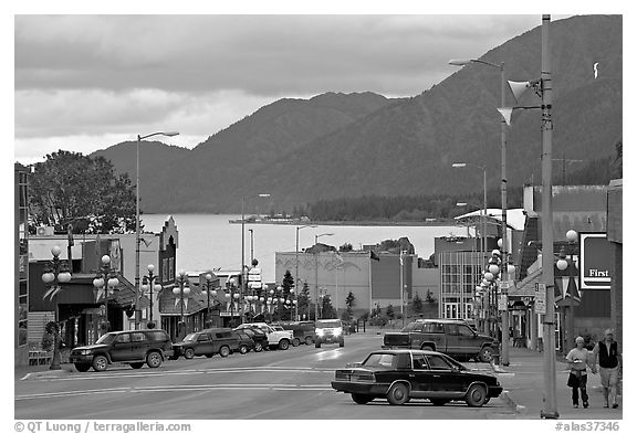 Main street and Resurrection Bay, evening. Seward, Alaska, USA (black and white)