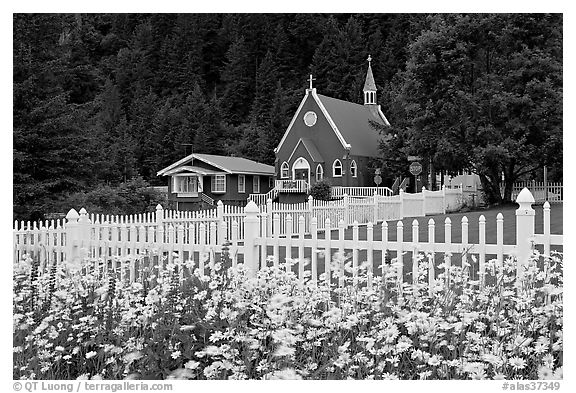 Flowers, white picket fence and church. Seward, Alaska, USA (black and white)