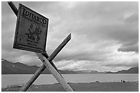 Historic Itadarod sign and Resurrection Bay. Seward, Alaska, USA (black and white)