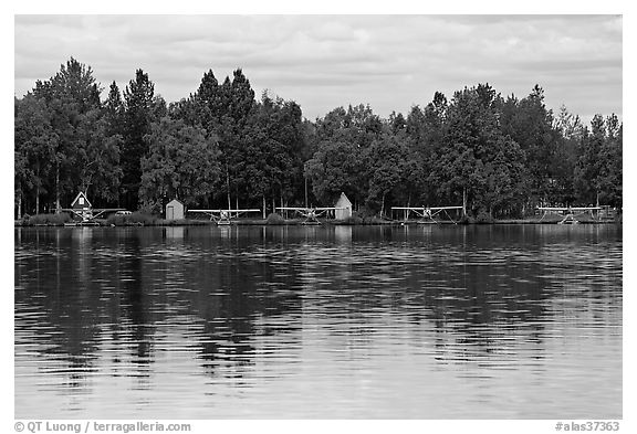 Floatplanes and reflections.. Anchorage, Alaska, USA (black and white)