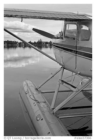 Seaplane moored on Lake Hood. Anchorage, Alaska, USA (black and white)
