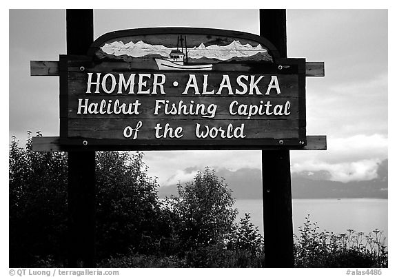 Welcome sign to Homer, Halibut fishing capital of the world. Homer, Alaska, USA