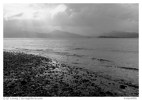 Katchemak Bay from the Spit, Kenai Mountains in the backgound. Homer, Alaska, USA (black and white)