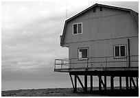 Watefront house on stilts on the Spit. Homer, Alaska, USA (black and white)