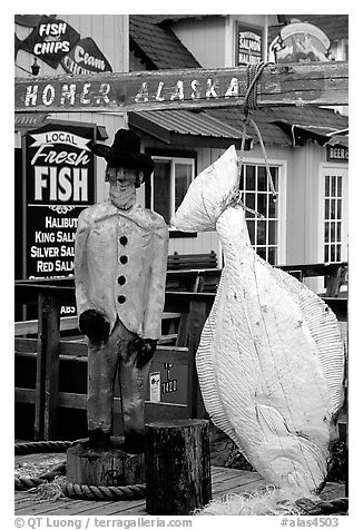 Halibut fishing sculpture on the Spit. Homer, Alaska, USA (black and white)