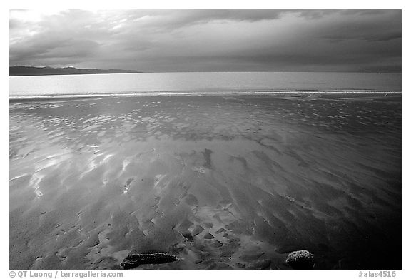 Sand patterns and stormy skies on the Bay. Homer, Alaska, USA (black and white)