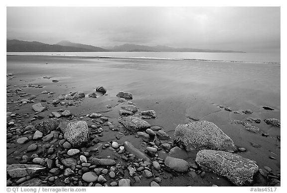 Sandy beach, rocks, and stormy skies on the Bay. Homer, Alaska, USA (black and white)