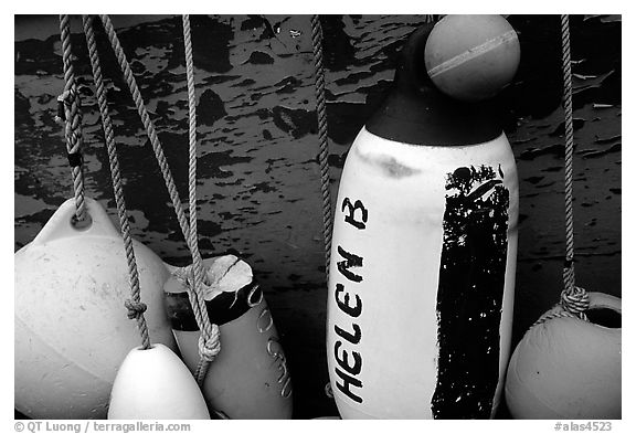 Buoys hanging on the side of a boat. Homer, Alaska, USA (black and white)