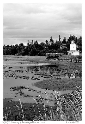Lighthouse at low tide. Homer, Alaska, USA (black and white)