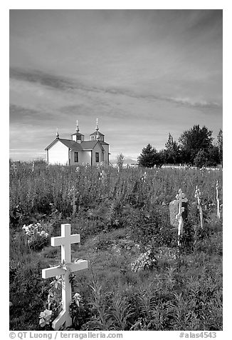 Russian orthodox cemetery and old Russian church. Ninilchik, Alaska, USA