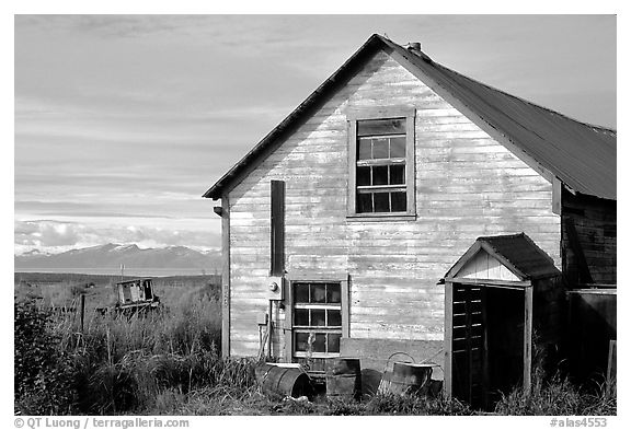 Old wooden house in  village. Ninilchik, Alaska, USA (black and white)