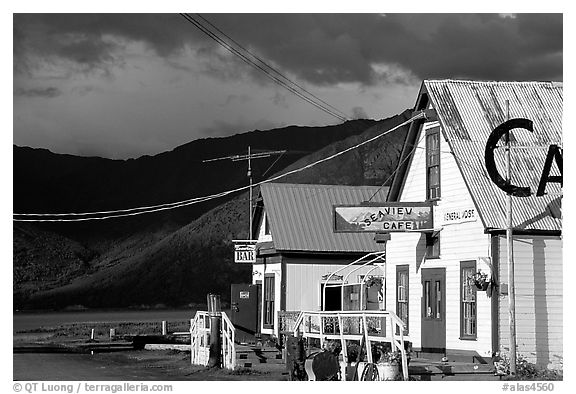 Village with stormy skies. Hope,  Alaska, USA (black and white)