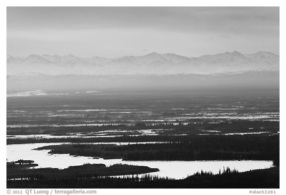 Alaska range rising above plain. Alaska, USA (black and white)