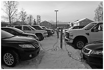 Cars with block engine heaters connected to plugs. Fairbanks, Alaska, USA (black and white)