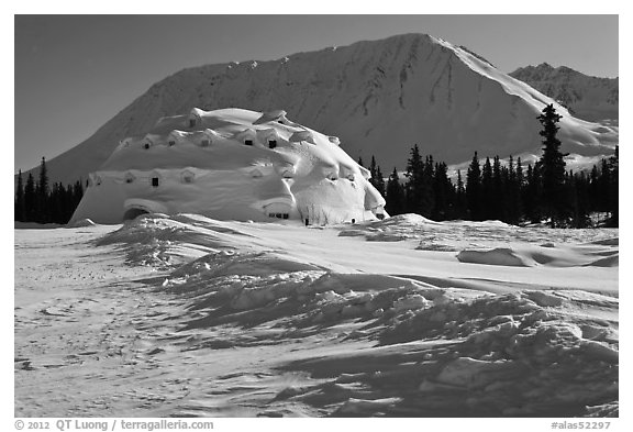 Winter landscape with igloo-shaped building. Alaska, USA (black and white)