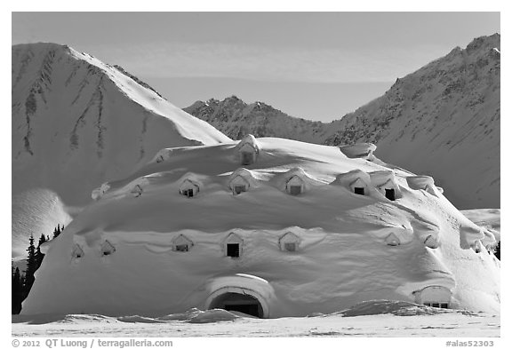 Snow-covered dome-shaped building. Alaska, USA (black and white)