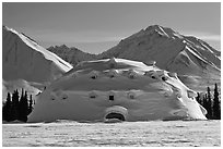 Snowy dome-shaped building and mountains. Alaska, USA ( black and white)