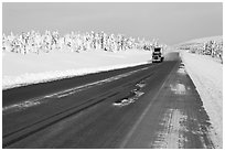 Dalton Highway bordered by snow-covered trees. Alaska, USA (black and white)