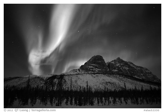 Multicolored Northern Lights above Mount Sukakpak. Alaska, USA (black and white)