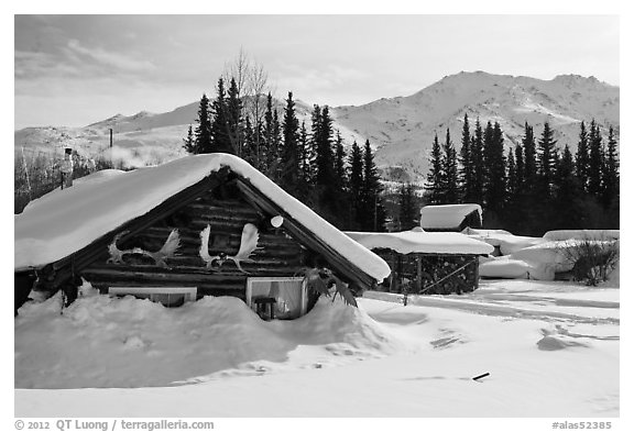 Heavily snow-covered cabins in winter. Wiseman, Alaska, USA (black and white)