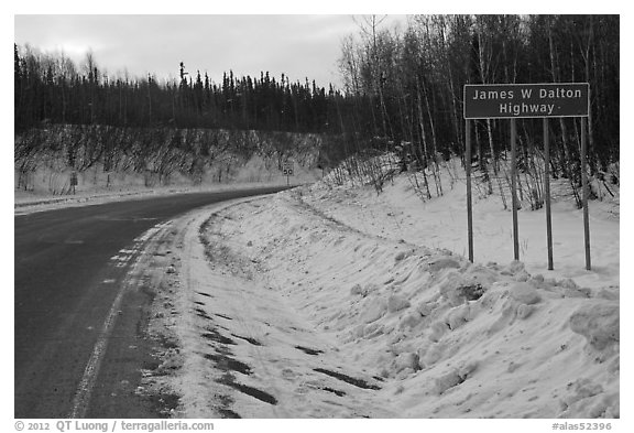 Sign marking begining of James W Dalton Highway. Alaska, USA (black and white)