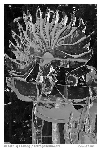 Detail of translucent pure ice sculpture. Fairbanks, Alaska, USA (black and white)