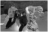 Family riding camel carved out of ice. Fairbanks, Alaska, USA ( black and white)