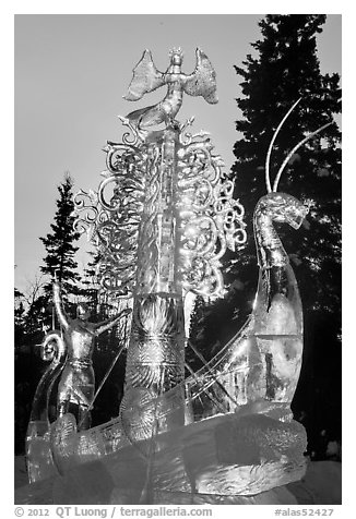Large multibloc ice sculpture, 2012 World Ice Art Championships. Fairbanks, Alaska, USA (black and white)