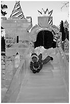 Girl on ice slide, Ice Alaska. Fairbanks, Alaska, USA ( black and white)