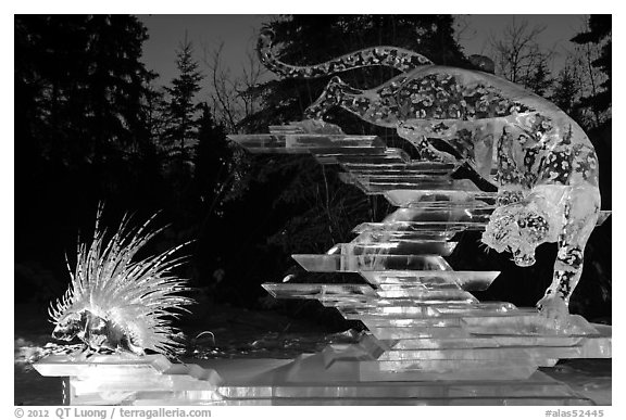Prize winning multiblock ice sculpture at night, 2012 Ice Alaska. Fairbanks, Alaska, USA