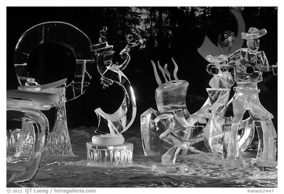 Ice sculptures at night, 2012 Ice Alaska. Fairbanks, Alaska, USA (black and white)
