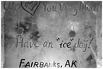 Welcome sign in ice, George Horner Ice Park. Fairbanks, Alaska, USA (black and white)
