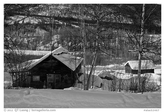 Mining camp in winter, Chatanika. Alaska, USA (black and white)