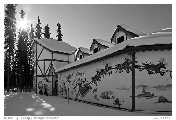 Santa Claus House and sun in winter. North Pole, Alaska, USA (black and white)