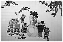 Greetings on mural. North Pole, Alaska, USA (black and white)
