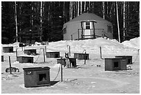 Doghouses and yurt tent. North Pole, Alaska, USA (black and white)