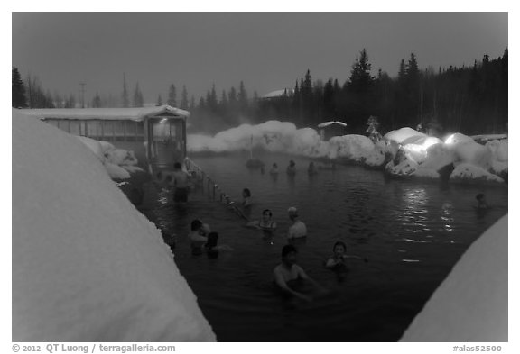 Hot springs at night in winter. Chena Hot Springs, Alaska, USA (black and white)