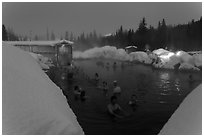 Hot springs at night in winter. Chena Hot Springs, Alaska, USA (black and white)