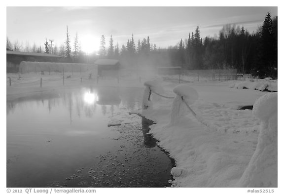 Pond of warm water at sunrise. Chena Hot Springs, Alaska, USA (black and white)