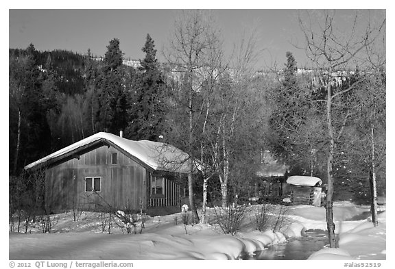 Resort cabins in winter. Chena Hot Springs, Alaska, USA (black and white)