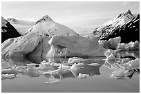 Portage Lake, with icebergs and mountain reflections. Alaska, USA (black and white)