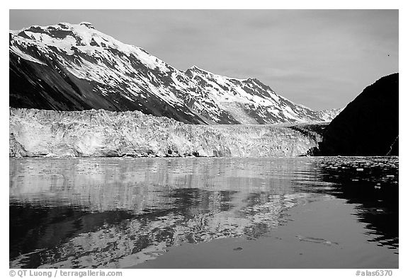 Barry glacier and mountains reflected in the Fjord. Prince William Sound, Alaska, USA (black and white)
