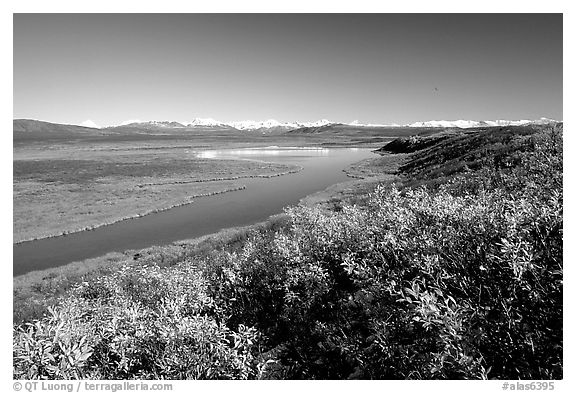 Lake and distant mountain range. Denali Highway, Central Alaska, USA (black and white)