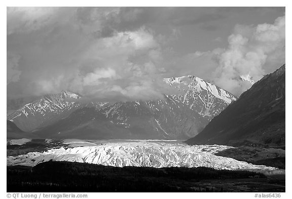 Matanuska Glacier, mountains, and clouds. Alaska, USA (black and white)