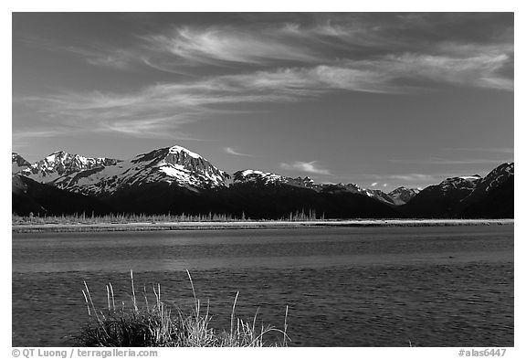 Mountains and Turnagain Arm near Portage. Alaska, USA (black and white)