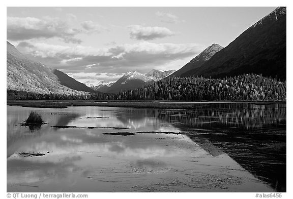 Tern Lake in late afternoon. Seward Highway, Kenai Peninsula, Alaska, USA (black and white)