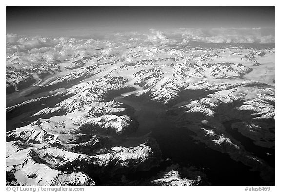 Aerial view of Glaciers in Prince William Sound. Prince William Sound, Alaska, USA (black and white)